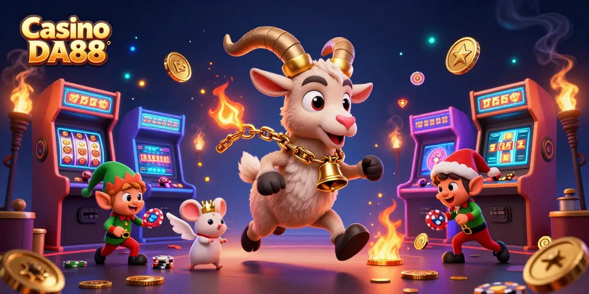 Engage in exciting gameplay at Casino DA88 with festive characters stealing chips in a vibrant casino setting.
