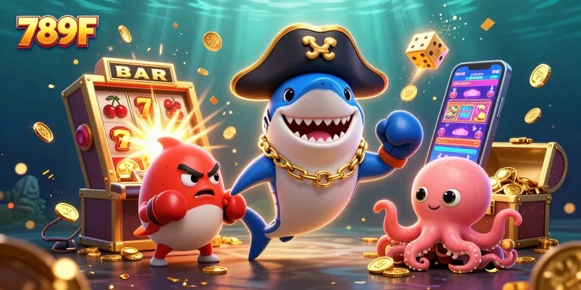 Engage with the thrilling world of 789F gaming, showcasing cartoon characters and dynamic casino elements.