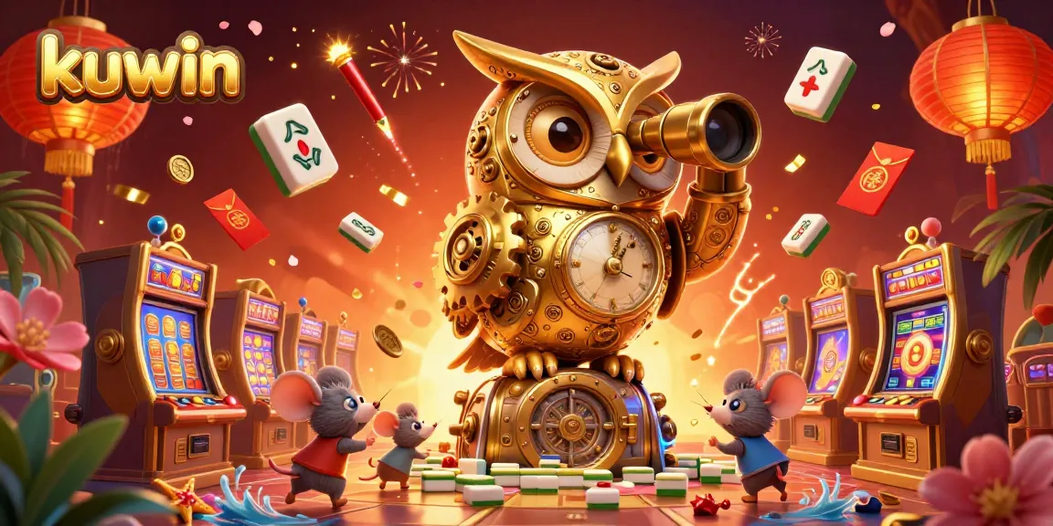Kuwin players enjoy high-energy slot games in this vibrant casino scene featuring a whimsical owl.