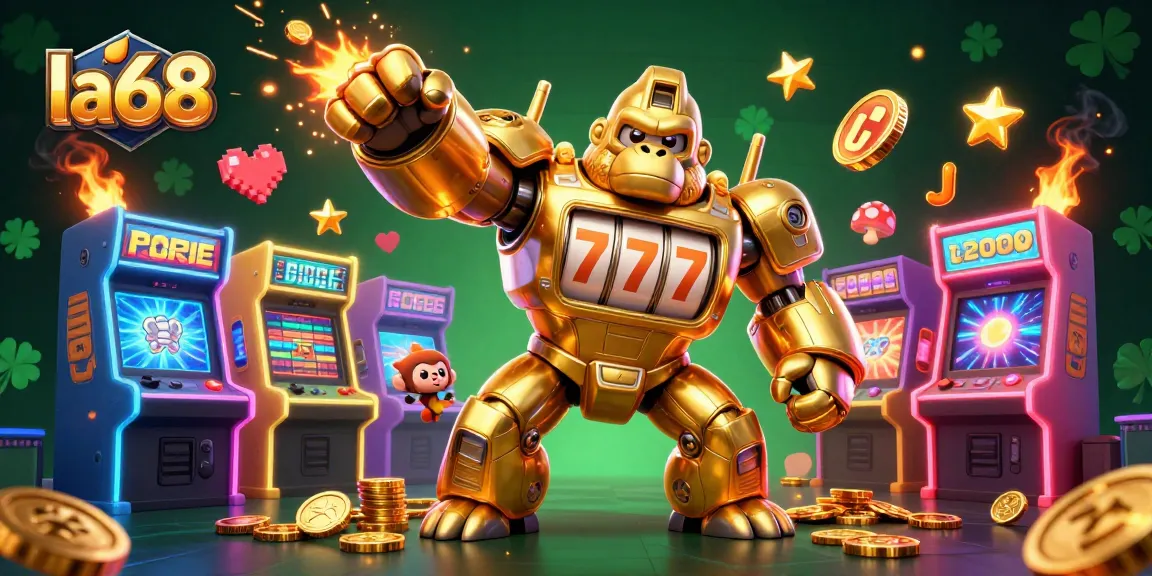 Engage with la68's thrilling golden gorilla mech gaming experience, bursting with coins in a dynamic casino scene.