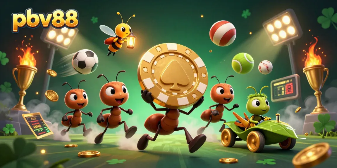 Win big with pbv88 as cartoon ants capture a massive poker chip in a vibrant casino heist scene.