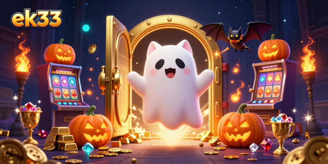 Experience exciting gaming at ek333, with a ghost cat and bat in a vibrant casino scene.