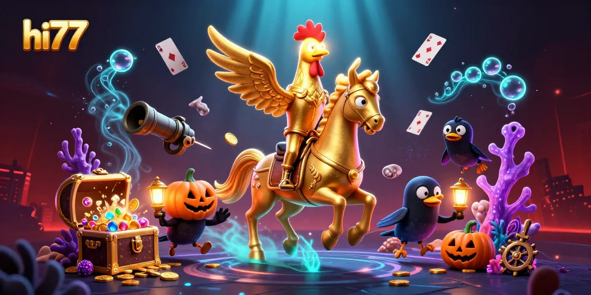 Engage with hi77's thrilling adventures in a dynamic casino scene featuring a golden rooster hero!