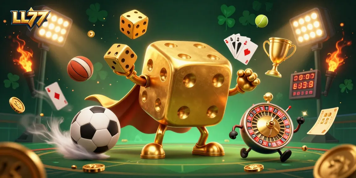 Experience exhilarating gaming at LL777 with a golden dice golem and dynamic sports elements enhancing the thrill.