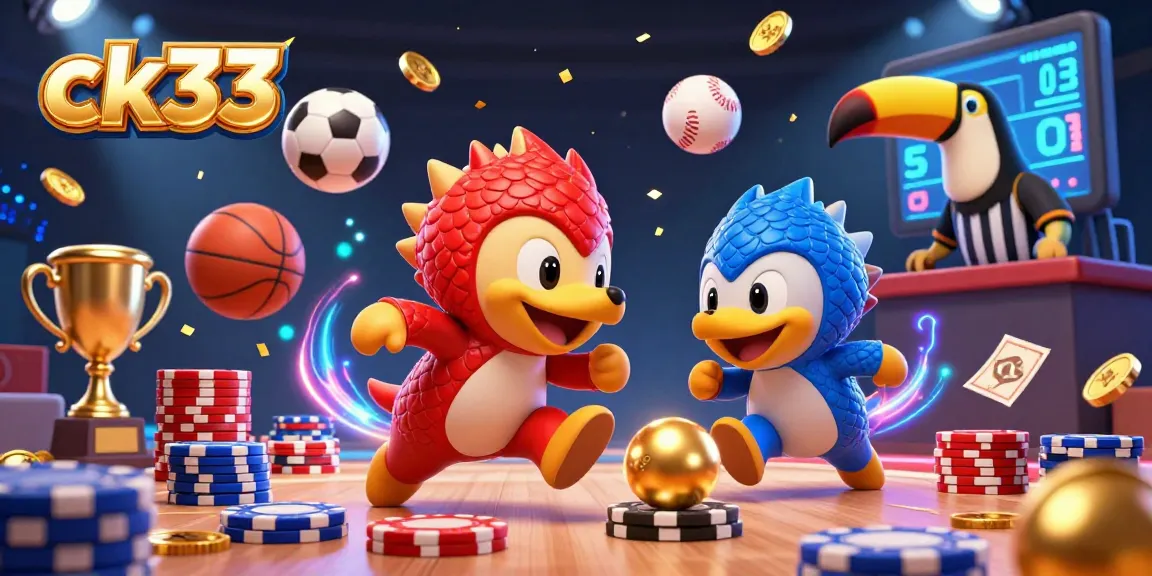 Experience thrilling action with ck33 as rival pangolins bowl through poker chips, surrounded by vibrant sports elements.