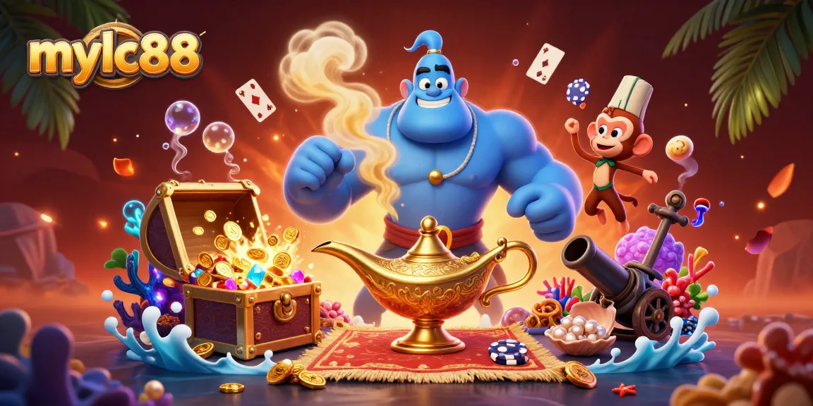 Experience mylc88’s thrilling online casino action with a vibrant genie, treasure, and playful gambling elements.