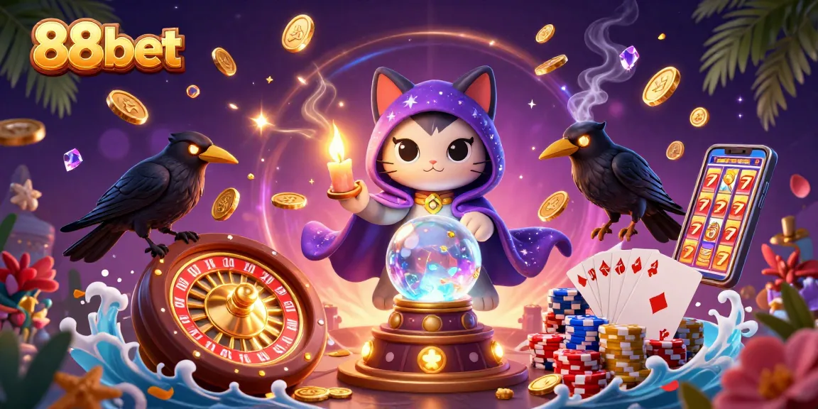 Experience the magic of 88bet with a vibrant casino-themed 3D illustration featuring fortune teller cat and tarot raven.