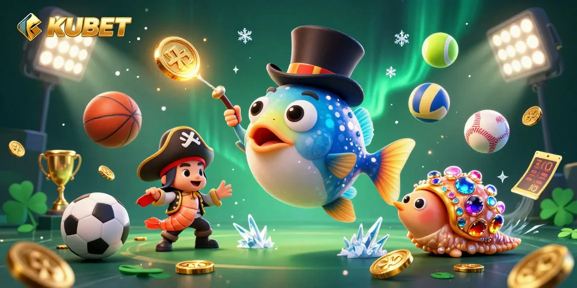 KUBET showcases a vibrant 3D scene with anglerfish and pirate shrimp attracting coins in a dynamic casino backdrop.
