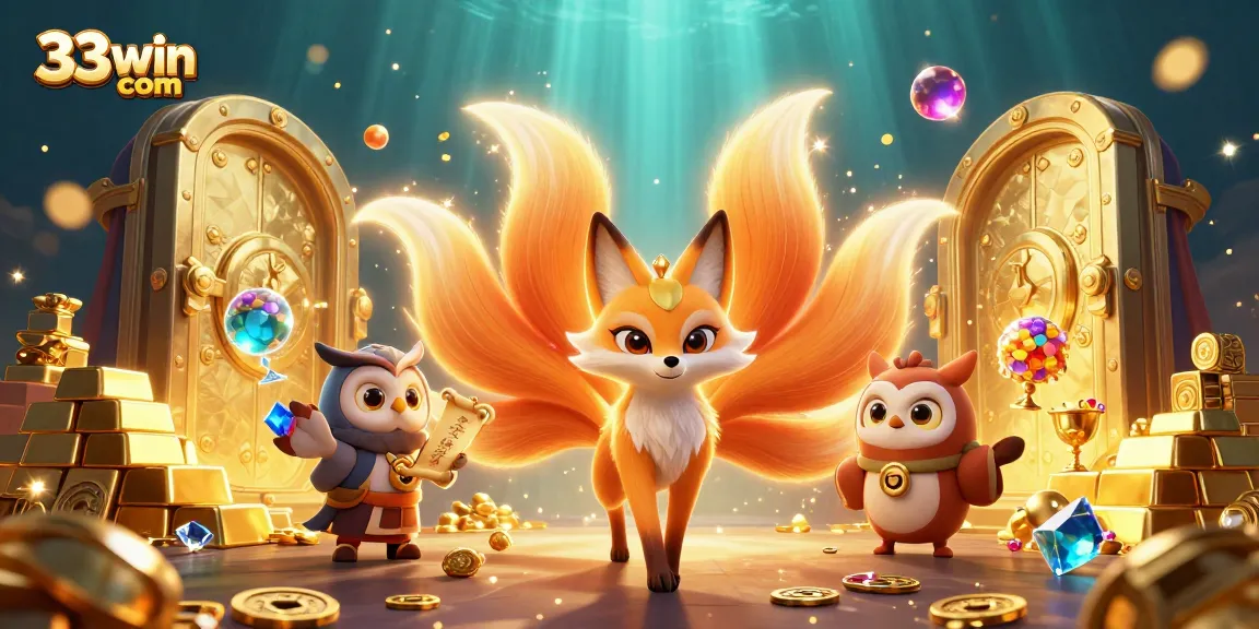 Experience thrilling gaming action with vibrant 33win com illustration showcasing a mystical fox and owl amidst treasures and orbs.