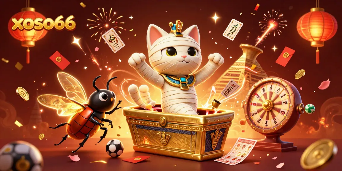 Xoso66 brings you a vibrant lottery game scene with a mummy cat and magical elements at a pyramid casino.